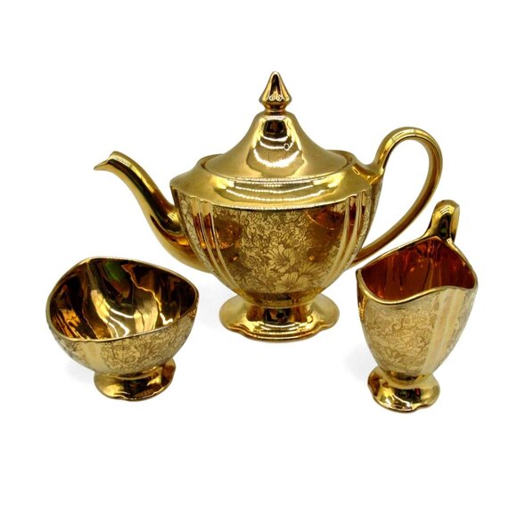 ROYAL WINTON Grimwades Gold Teapot Creamer and Sugar Bowl with Floral Design VTG - Picture 4 of 10